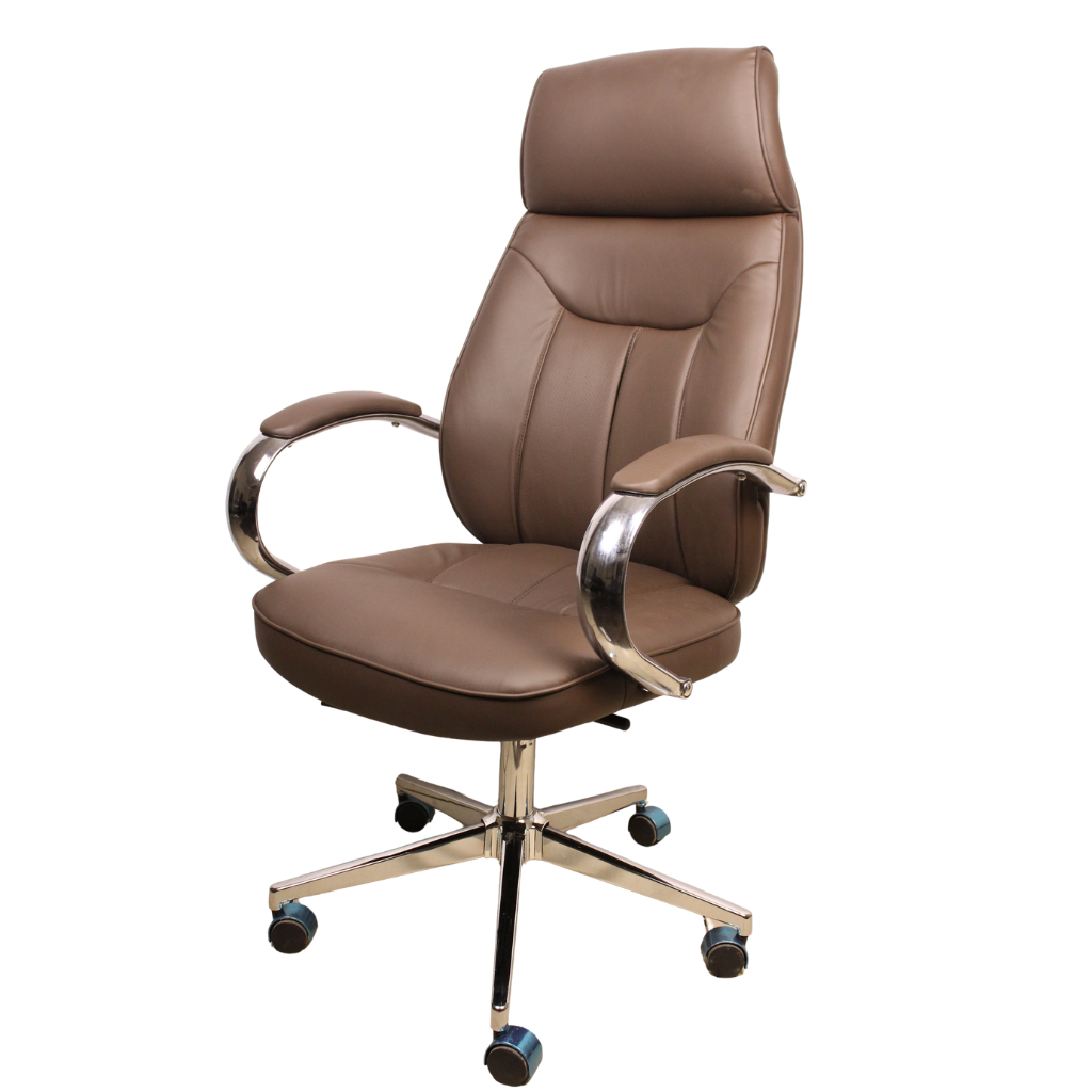 Brown Executive Leather Office Chair ~ High Back, Chrome Base