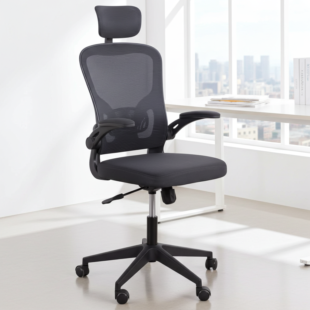Thumbnail for Grey Ergonomic Office Chair ~ Flip Up Arms, Adjustable Headrest